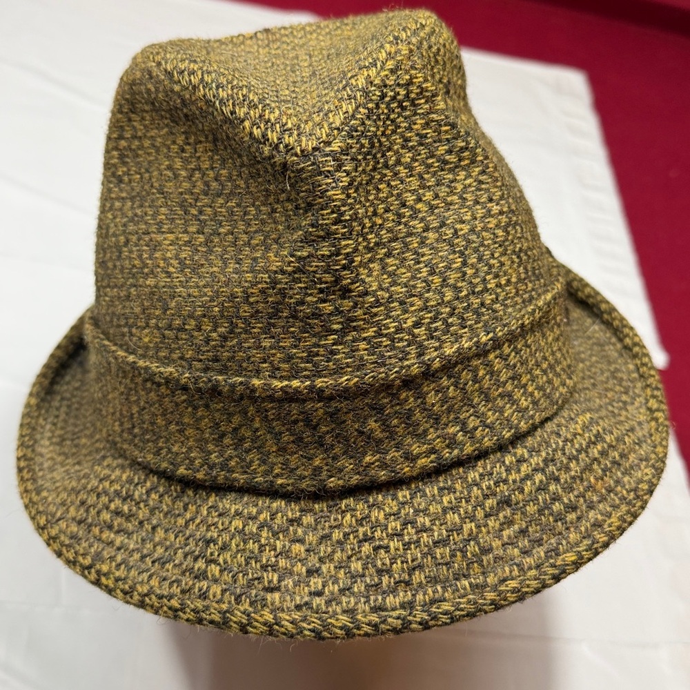 CHAMP OLIVE GREEN TWEED wool FEDORA hat mobster gangster TOP HAT tweed, 22” VTG